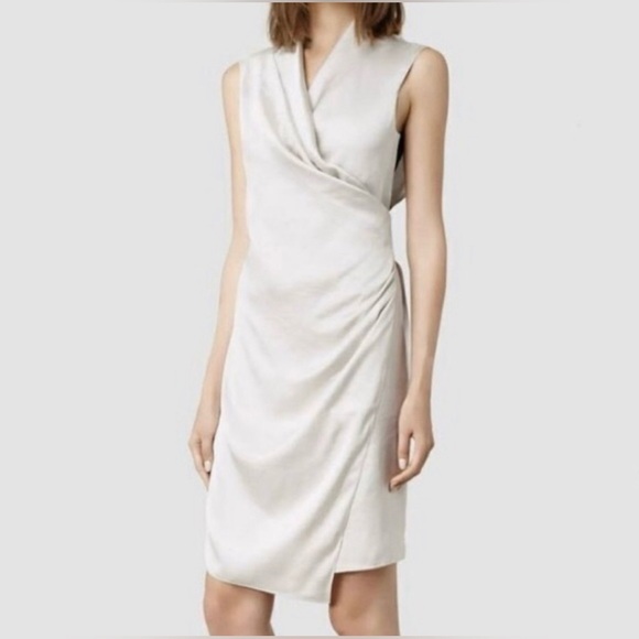 ALLSAINTS Ariana wrap front dress in oyster - 8 - Picture 1 of 11